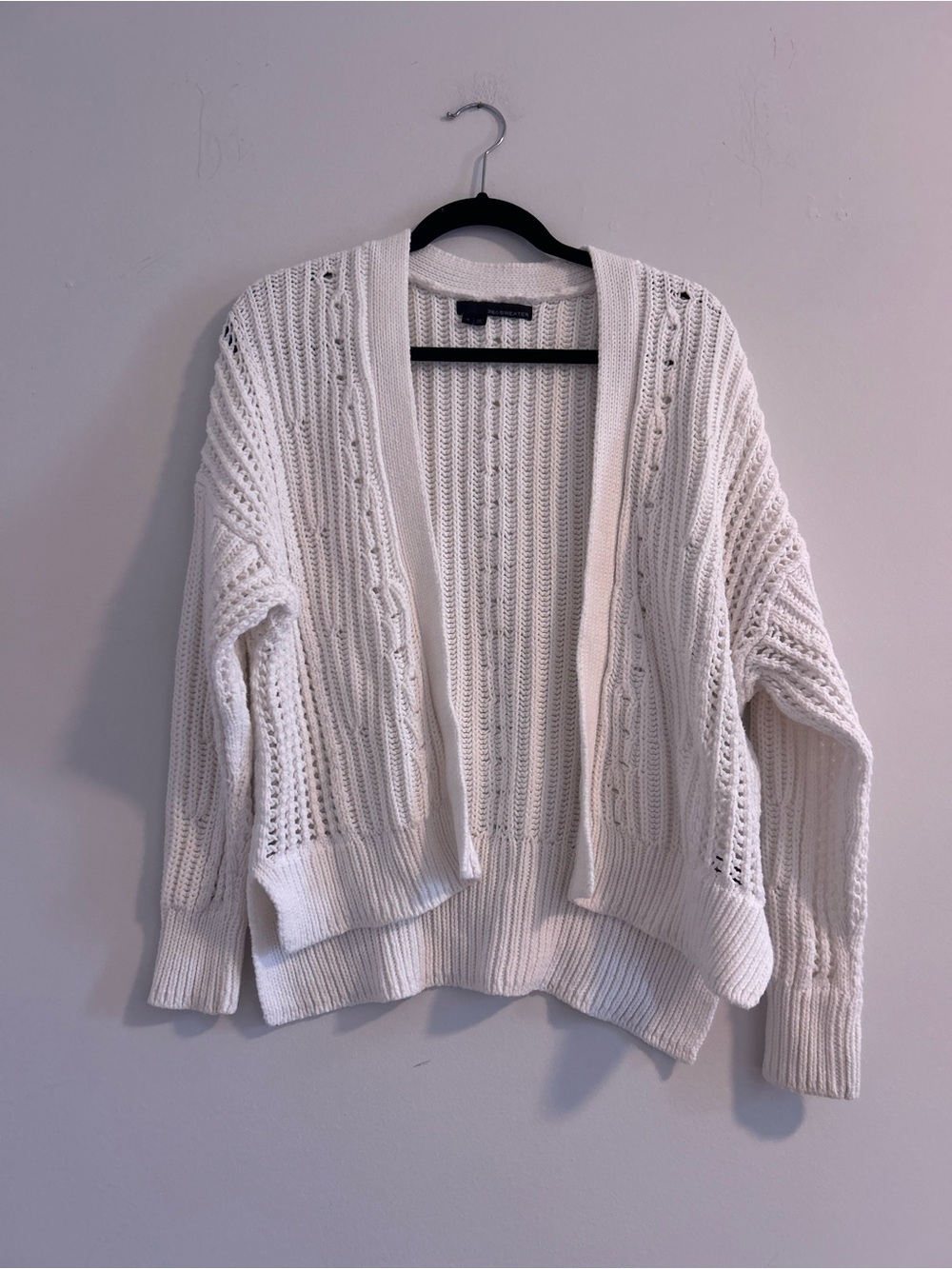 100% Cotton Open-Front Chunky Knit Sweater Cardigan - White